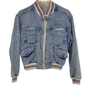 Ethics Women's Vintage Denim Cotton Purple Trim Bomber Jean Full Zip Jacket Sm